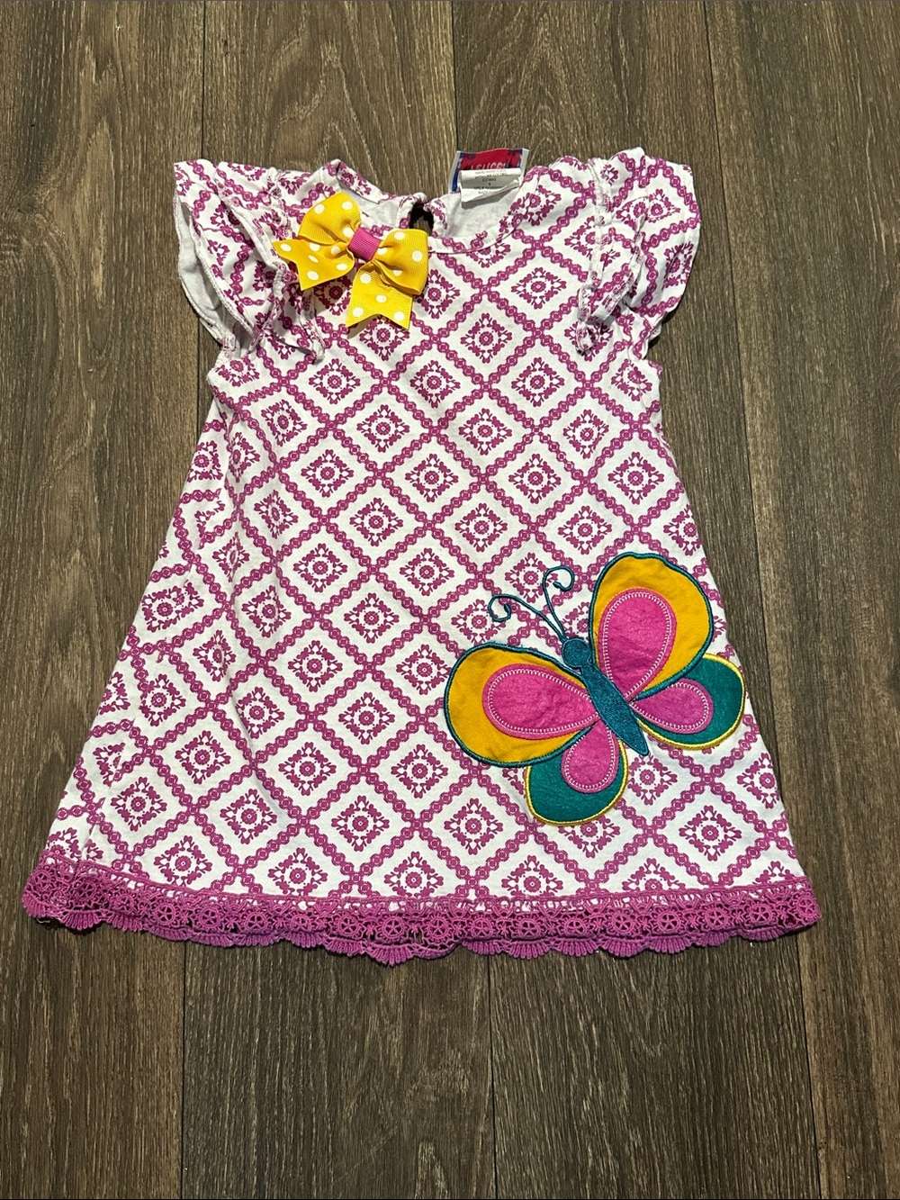 Jumping Fences Pink Butterfly Cotton Dress with Yellow Bow and ruffles